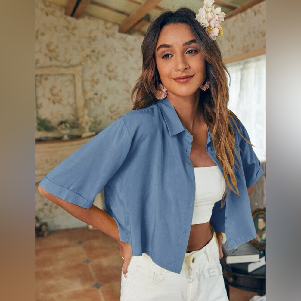 Blue Cropped Button Down